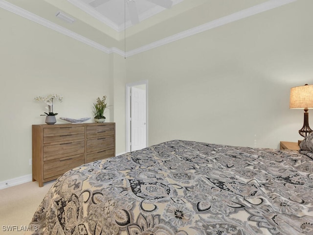 bedroom with light carpet and ornamental molding