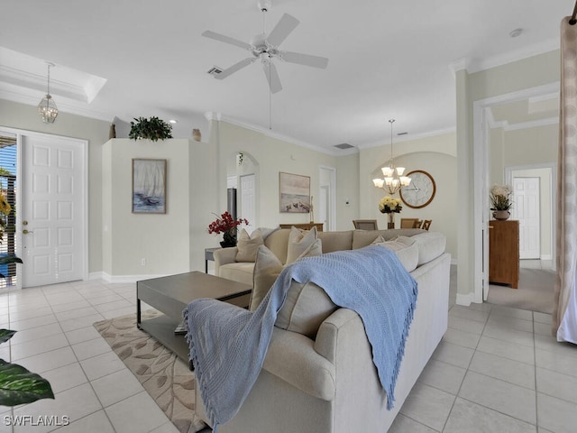 living room with light tile patterned floors, crown molding, and ceiling fan with notable chandelier