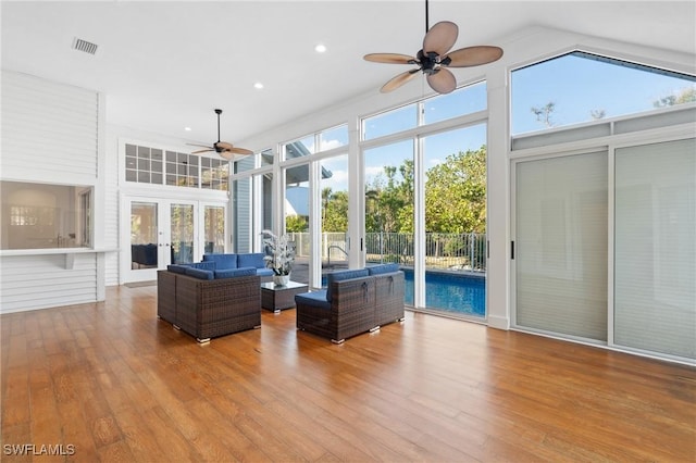 4090 W Gulf Dr, Sanibel, FL 33957 - unfurnished sunroom featuring french doors, visible vents, and ceiling fan