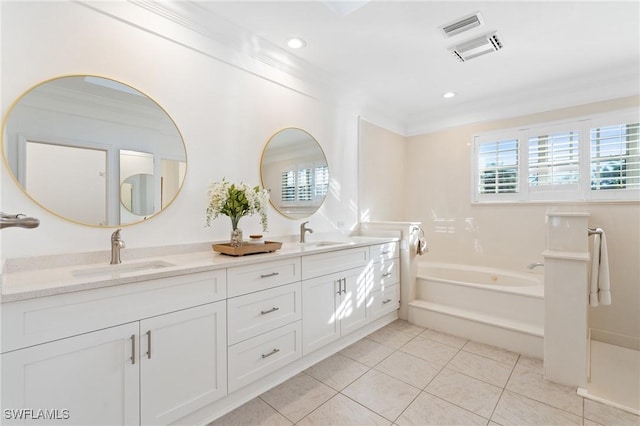 4090 W Gulf Dr, Sanibel, FL 33957 - full bath featuring visible vents, ornamental molding, a sink, tile patterned flooring, and double vanity