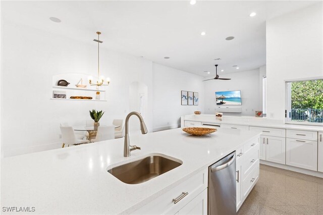 4090 W Gulf Dr, Sanibel, FL 33957 - kitchen featuring dishwasher, light countertops, recessed lighting, white cabinetry, and a sink