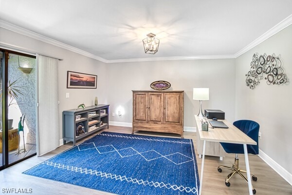 office area featuring crown molding and hardwood / wood-style floors