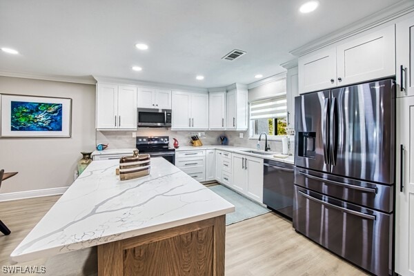 kitchen with a kitchen island, white cabinetry, sink, light stone counters, and stainless steel appliances