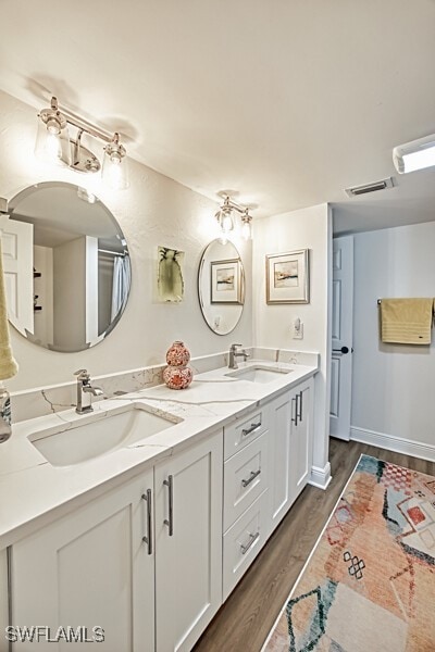 bathroom with wood-type flooring and vanity