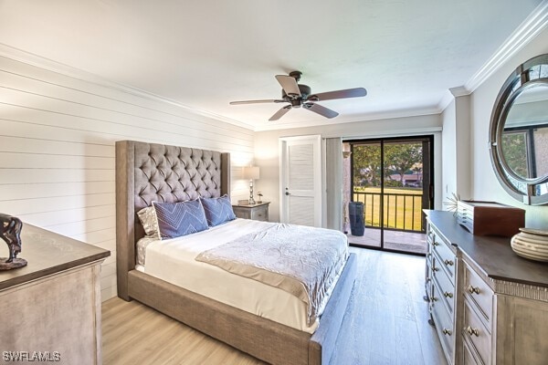 bedroom with ceiling fan, ornamental molding, access to exterior, and light hardwood / wood-style floors