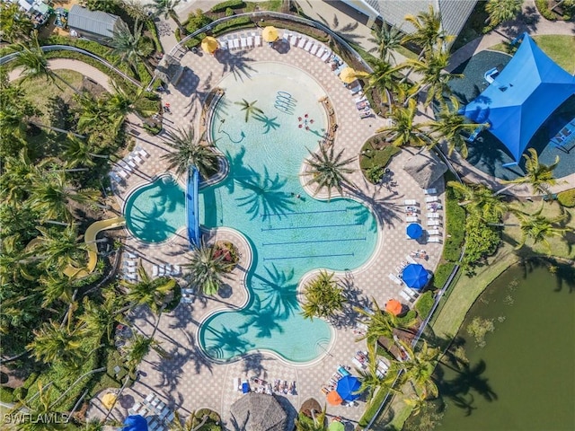 aerial view featuring a water view