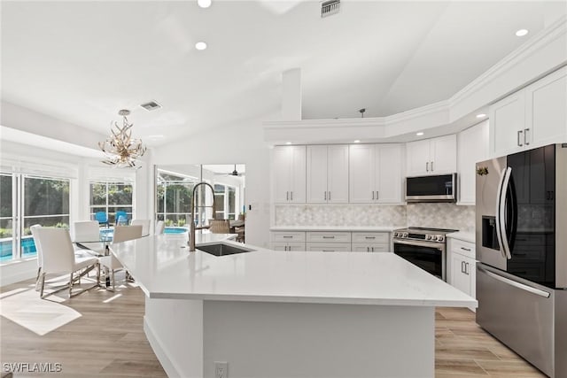 kitchen featuring sink, stainless steel appliances, an island with sink, and white cabinets