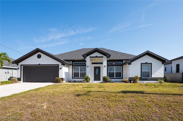 ranch-style house featuring fence, stucco siding, an attached garage, driveway, and a front yard