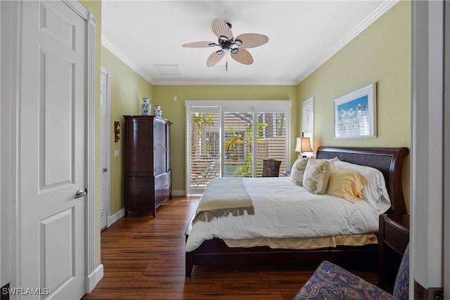 bedroom with crown molding, ceiling fan, and dark wood-type flooring