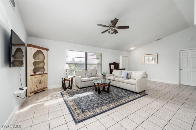 living room featuring baseboards, visible vents, lofted ceiling, light tile patterned flooring, and ceiling fan