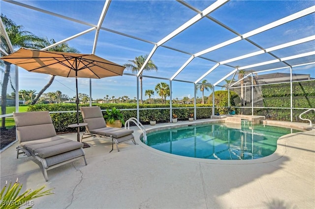 outdoor pool featuring a lanai and a patio area