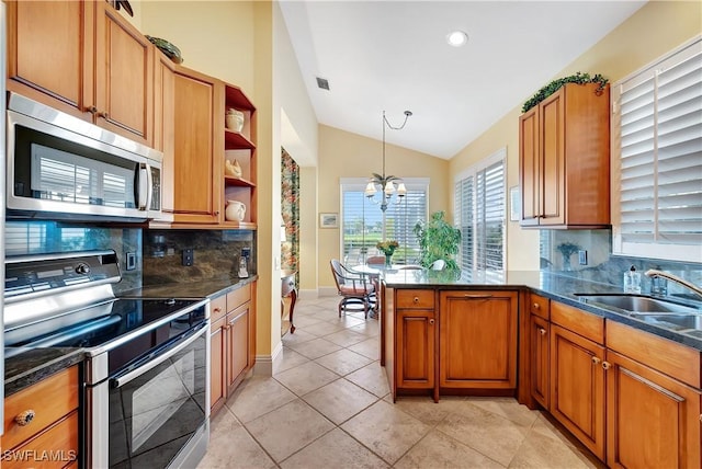 kitchen with brown cabinets, open shelves, stainless steel appliances, and hanging light fixtures