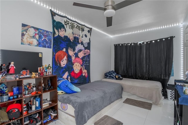 tiled bedroom featuring ceiling fan