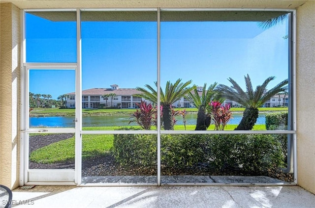 interior space with a water view