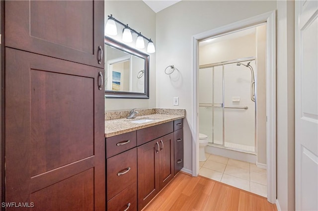 bathroom with vanity, wood-type flooring, toilet, and a shower with shower door