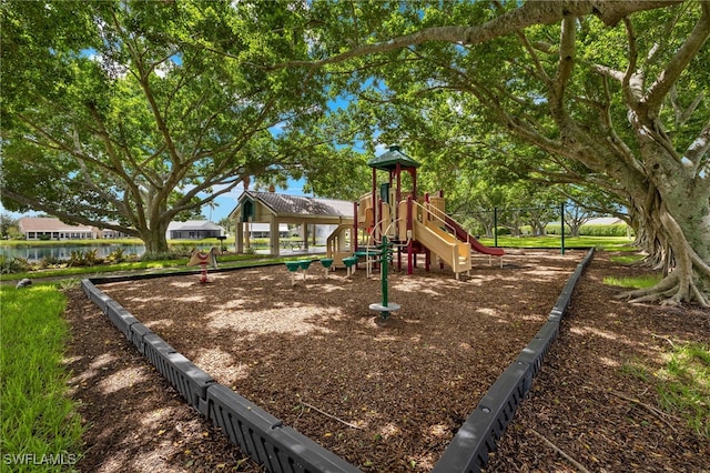 view of play area featuring a water view