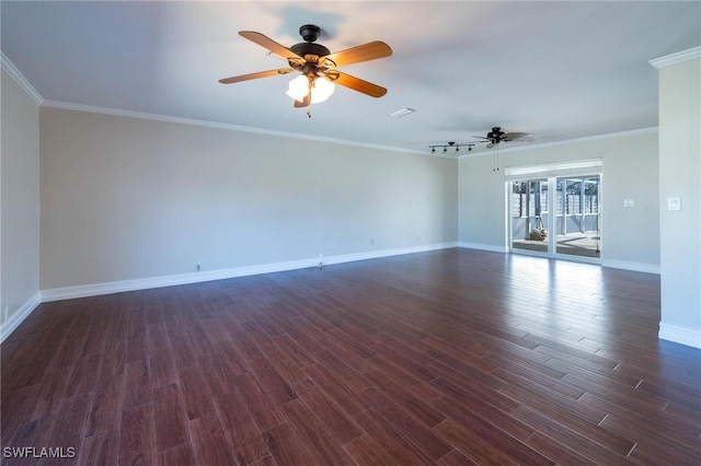 unfurnished room featuring dark wood-type flooring, ceiling fan, and crown molding