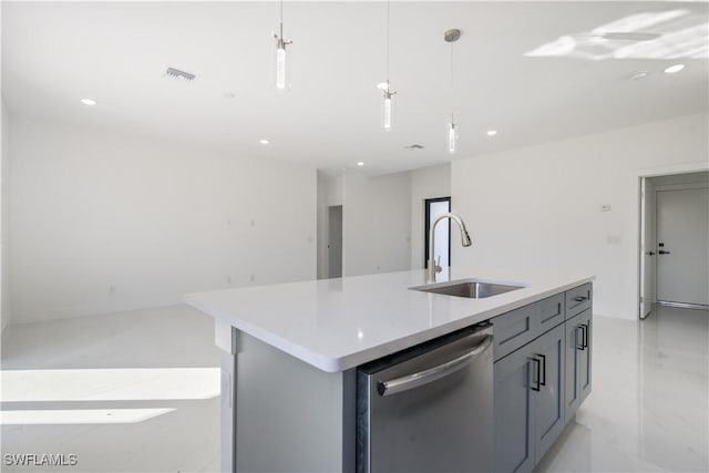kitchen with decorative light fixtures, dishwasher, sink, gray cabinetry, and a center island with sink