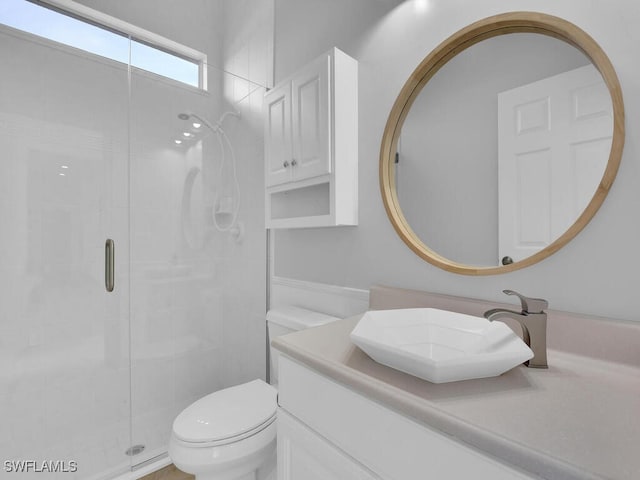 bathroom featuring toilet, vanity, and a shower with shower door