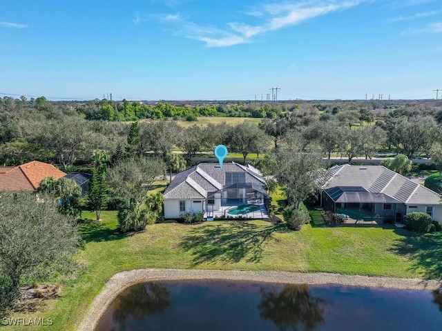 birds eye view of property featuring a water view