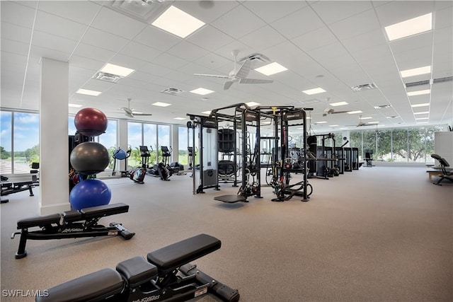 gym featuring a healthy amount of sunlight, a paneled ceiling, and ceiling fan