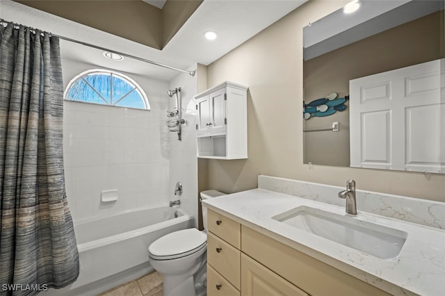 full bathroom with tile patterned flooring, vanity, toilet, and shower / bath combo with shower curtain