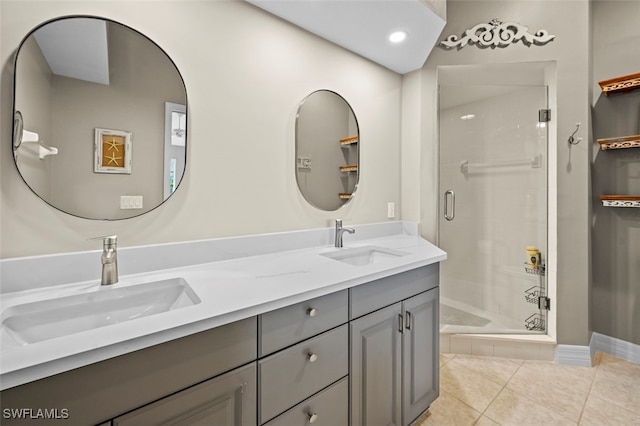 bathroom with tile patterned flooring, vanity, and a shower with shower door