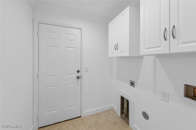 clothes washing area with cabinets, washer hookup, hookup for an electric dryer, and light tile patterned floors