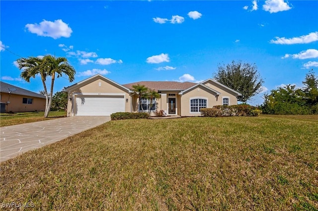 single story home featuring a garage and a front lawn