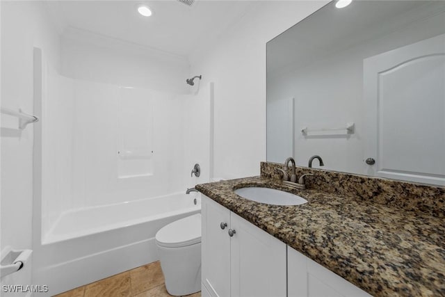 full bathroom with vanity, tile patterned floors, shower / bathtub combination, and toilet