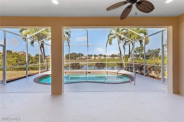 view of pool featuring a lanai, a water view, ceiling fan, and a patio area