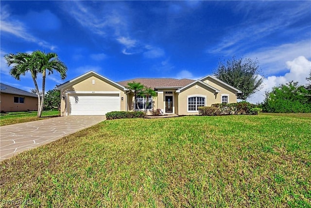 single story home with an attached garage, a front lawn, concrete driveway, and stucco siding