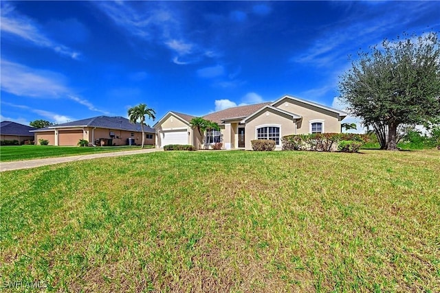 single story home with a garage and a front lawn