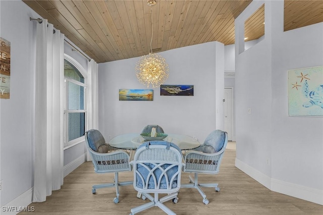 dining room featuring breakfast area, lofted ceiling, a notable chandelier, wood ceiling, and light hardwood / wood-style floors