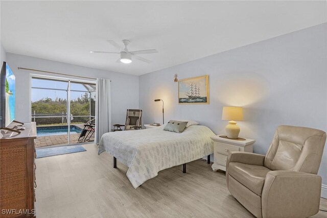 bedroom featuring ceiling fan, access to exterior, and light hardwood / wood-style flooring