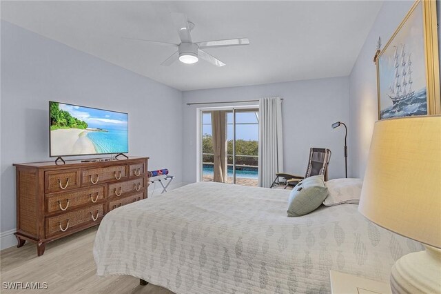 bedroom featuring ceiling fan, access to outside, and light wood-type flooring