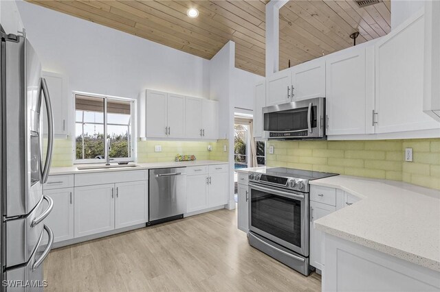 kitchen featuring stainless steel appliances, light wood-type flooring, white cabinets, and wood ceiling