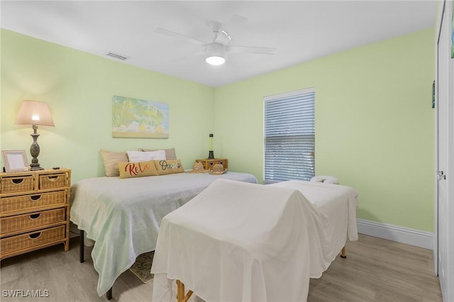 bedroom featuring ceiling fan and light hardwood / wood-style flooring