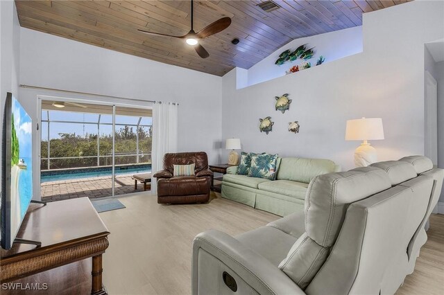 5139 Genesee Pkwy, Bokeelia, FL 33922 - living area with high vaulted ceiling, wood ceiling, a ceiling fan, wood finished floors, and visible vents