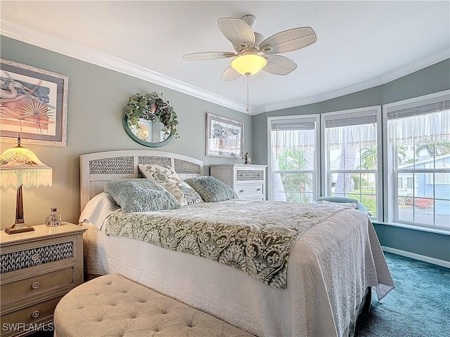 bedroom with crown molding, carpet, and ceiling fan