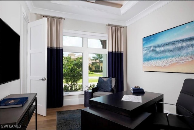 home office with ornamental molding, a tray ceiling, and light hardwood / wood-style flooring