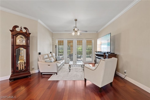 living area featuring baseboards, ornamental molding, dark wood-style flooring, and french doors