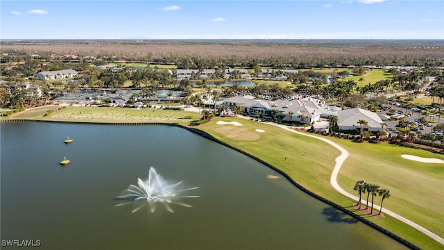 bird's eye view featuring a residential view, view of golf course, and a water view