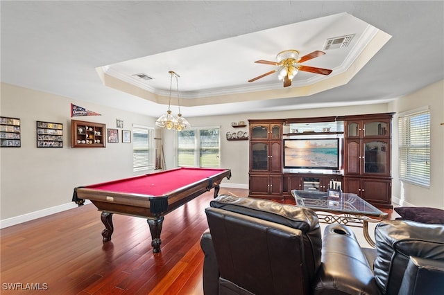 playroom with dark wood-style flooring, billiards, visible vents, a raised ceiling, and crown molding