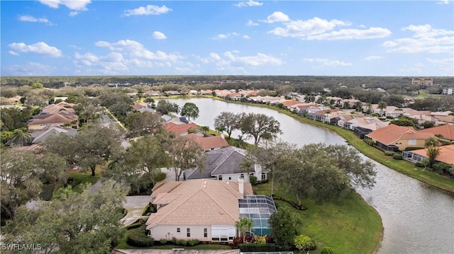 aerial view featuring a water view and a residential view