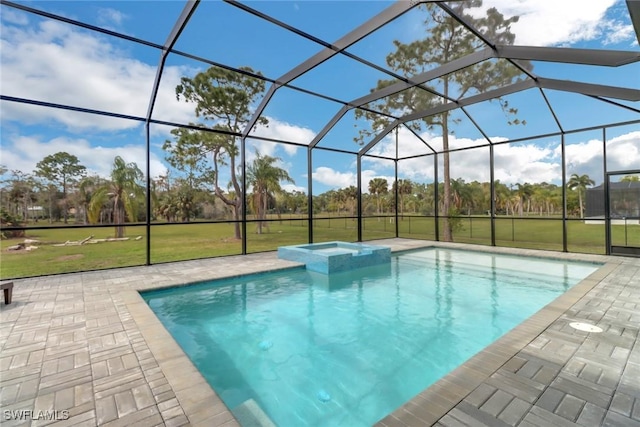 view of pool with a patio area, a yard, and glass enclosure