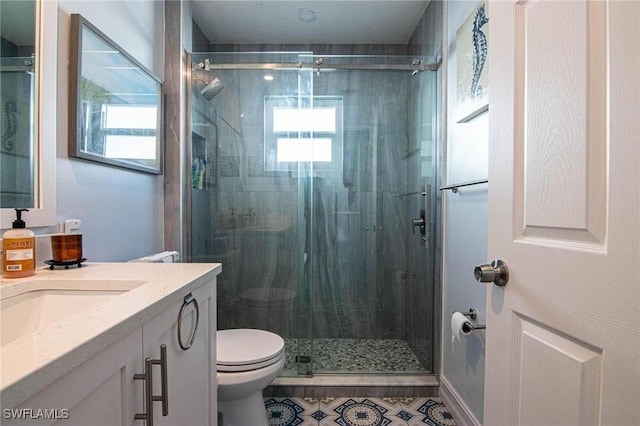 bathroom with toilet, a stall shower, and vanity