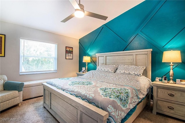 bedroom featuring ceiling fan, carpet, and vaulted ceiling