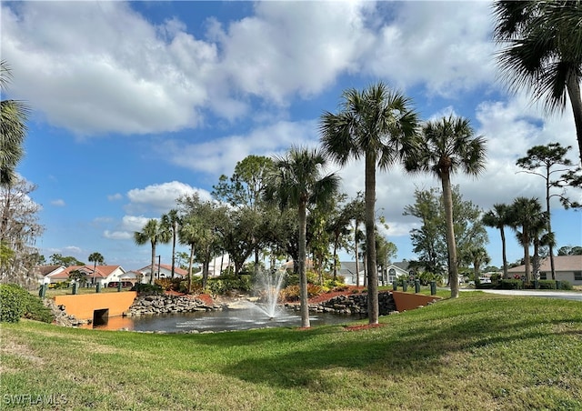 view of home's community featuring a water view and a lawn