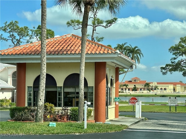 exterior space featuring a water view